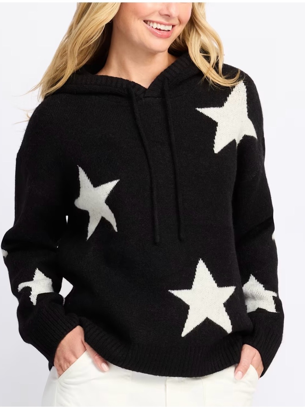 Women's Black Star Knit Hoodie Pullover